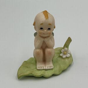 Vintage Lefton 1985 Little Kewpie Baby Figurine Hand Painted Lily Pad Garden